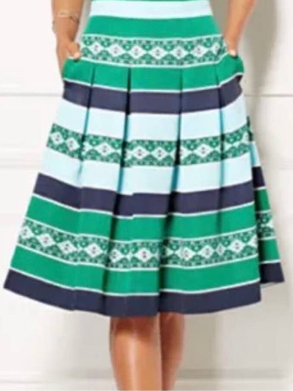 Eva Mendes NY&C Pleated Midi Skirt Geometric Stripe Green Blue Size 4 - Picture 3 of 8
